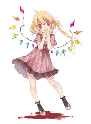 Rule 34 | 1girl, alternate costume, black socks, blonde hair, contemporary, dress, fangs, flandre scarlet, full body, highres, looking at viewer, open mouth, red eyes, shoes, short hair with long locks, short sleeves, side ponytail, simple background, smile, socks, solo, touhou, toutenkou, vampire, white background, white footwear, wings