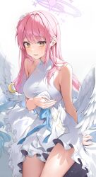 Rule 34 | 1girl, absurdres, bare shoulders, blue archive, dress, highres, long hair, looking at viewer, mika (blue archive), pink hair, solcha, solo, white dress, wings, yellow eyes