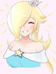 Rule 34 | 1girl, ^ ^, aqua dress, blonde hair, blush, closed eyes, commentary request, cropped shoulders, crown, dress, earrings, emphasis lines, eyelashes, grin, hair over one eye, highres, jewelry, long hair, mario (series), nintendo, off-shoulder dress, off shoulder, one eye covered, parted bangs, pink background, rosalina, sidelocks, simple background, single earring, smile, solo, star (symbol), star earrings, super mario galaxy, swept bangs, teeth, tomatomiya, upper body