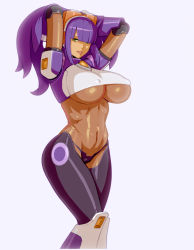 Rule 34 | 1girl, arms behind head, blue eyes, blunt bangs, breasts, commentary, contrapposto, covered erect nipples, crop top, dark-skinned female, dark skin, goggles, goggles on head, green eyes, hair over one eye, hands in hair, heterochromia, highres, huge breasts, layer (mega man), lipstick, looking at viewer, makeup, materclaws, mega man (series), mole, mole under eye, navel, panties, parted lips, pink lips, purple panties, seductive smile, simple background, smile, solo, standing, toned, underboob, underwear, white background