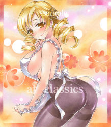 Rule 34 | 1girl, apron, artist name, ass, at classics, bare arms, black pantyhose, blonde hair, blush, breasts, closed mouth, covered erect nipples, drill hair, from side, hair ornament, large breasts, long hair, looking at viewer, mahou shoujo madoka magica, mahou shoujo madoka magica (anime), pantyhose, sample watermark, sideboob, smile, solo, thighband pantyhose, tomoe mami, traditional media, twin drills, watermark, white apron, yellow eyes