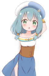 Rule 34 | 1girl, :o, aqua hair, arm behind head, arm up, bare shoulders, blue hat, blue panties, blue skirt, blush, breasts, collarbone, commentary request, endro!, flower, green eyes, hair between eyes, hat, hat flower, jiu (sdesd3205), looking at viewer, meiza endust, multicolored clothes, multicolored hat, off-shoulder shirt, off shoulder, panties, parted lips, shirt, simple background, skirt, small breasts, solo, underwear, white background, white flower, white hat, white shirt