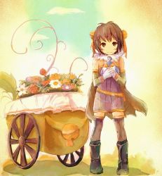 Rule 34 | 1girl, alchemist (ragnarok online), animal, bell, bird, black footwear, boots, breasts, brown cape, brown eyes, brown hair, cape, closed mouth, commentary request, daisy, dress, elbow gloves, filir (ragnarok online), flower, full body, fur collar, gloves, green gloves, hair bell, hair ornament, holding, holding animal, holding bird, jingle bell, looking at viewer, pullcart, purple dress, purple flower, ragnarok online, red flower, rose, shimada sarasara, shiny skin, short dress, short hair, small breasts, smile, standing, thighhighs, white flower, yellow flower