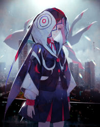 Rule 34 | 1girl, arms at sides, black jacket, black skirt, blue eyes, blurry, blurry background, building, cloud, cloudy sky, collared shirt, commentary request, day, depth of field, fish, flying fish, highres, hood, hood up, hooded jacket, jacket, kaf (kamitsubaki studio), kamitsubaki studio, kaoming, long hair, long sleeves, looking away, outdoors, pink hair, pleated skirt, puffy long sleeves, puffy sleeves, red eyes, shirt, skirt, sky, skyline, skyscraper, solo, standing, virtual youtuber, white shirt