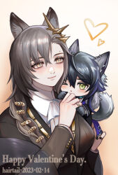 Rule 34 | 1boy, 1girl, animal ears, arknights, black hair, black jacket, blush, commentary request, gradient background, green eyes, hair between eyes, hairtail, heart, highres, infection monitor (arknights), jacket, long hair, long sleeves, orange background, penance (arknights), smile, tail, vigil (arknights), wolf ears, wolf tail, yellow eyes