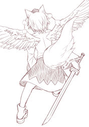 Rule 34 | 1girl, animal ears, ankle boots, bird wings, boots, fake wings, from behind, hat, highres, inubashiri momiji, katana, monochrome, pom pom (clothes), short hair, sketch, skirt, solo, sword, tail, tanakara, tokin hat, touhou, weapon, wings, wolf ears, wolf tail