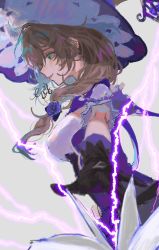 Rule 34 | 1girl, black gloves, book, breasts, brown hair, electricity, flower, from side, genshin impact, gloves, green eyes, hair between eyes, hair flower, hair ornament, hat, highres, large breasts, lisa (genshin impact), long hair, pcrxle, profile, purple hat, rose, short sleeves, signature, smile, solo, upper body, witch hat
