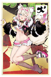 Rule 34 | 1girl, animal ear fluff, animal ears, black collar, black jacket, blonde hair, blue eyes, claw (weapon), collar, collarbone, cropped jacket, cropped shirt, dog ears, dog girl, dog tail, fishnet socks, fishnets, flat chest, frilled shorts, frills, full body, hairband, half-heart hands, headphones, headphones around neck, highres, hololive, hololive english, jacket, midriff, mococo abyssgard, mococo abyssgard (1st costume), multicolored hair, navel, pink hair, pink nails, robot cat (robotcatart), shirt, short hair, short shorts, shorts, socks, solo, spiked hairband, spikes, streaked hair, tail, two-tone hair, two side up, virtual youtuber, weapon, white shirt, white shorts, yellow tail