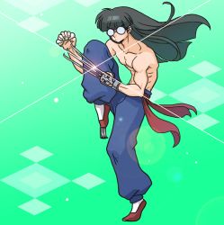 Rule 34 | 1boy, balrog (cosplay), vega (street fighter), black hair, chinese clothes, claw (weapon), cosplay, fighting stance, full body, glasses, long hair, male focus, mousse (ranma 1/2), muscular, ranma 1/2, ribs, sash, topless male, solo, standing, standing on one leg, street fighter, wanta (futoshi), weapon