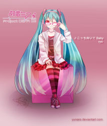 Rule 34 | 1girl, ;), absurdly long hair, anniversary, aqua eyes, aqua hair, artist name, artist request, birthday, black shirt, black thighhighs, blue eyes, blue hair, breasts, checkered clothes, checkered skirt, collarbone, cross-laced footwear, evelyn adame, female focus, frilled skirt, frills, full body, glasses, happy birthday, hatsune miku, headphones, headset, holdin, holding glasses, hood, hooded jacket, hoodie, jacket, jewelry, kocchi muite baby (vocaloid), long hair, long sleeves, long twintails, miniskirt, necklace, one eye closed, parted lips, pink background, pink eyes, plaid, plaid skirt, pleated, pleated skirt, project diva, project diva (series), project diva 2nd, red eyes, red footwear, red skirt, red thighhighs, shirt, shoes, sitting, skirt, small breasts, smile, sneakers, solo, striped clothes, striped thighhighs, tennis, thighhighs, twintails, very long hair, vocaloid, white jacket, yunare, zettai ryouiki