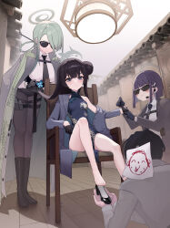 Rule 34 | 1boy, 3girls, absurdres, ass, barefoot, black footwear, black gloves, black hair, black necktie, black pantyhose, blue archive, blush, blush stickers, boots, braid, breasts, butterfly hair ornament, chair, closed mouth, coat, collared shirt, dated, doodle sensei (blue archive), double bun, earpiece, floor, genryumon member (blue archive), gloves, green hair, grey coat, grey eyes, grey halo, hair bun, hair ornament, hair stick, halo, high heels, highres, kisaki (blue archive), large breasts, long hair, long sleeves, mina (blue archive), multiple girls, necktie, open clothes, open coat, pantyhose, purple hair, sensei (blue archive), shirt, short hair, signature, sitting, small breasts, striped clothes, striped coat, sunglasses, toes, twintails, vertical-striped clothes, vertical-striped coat, white shirt, wish-tf