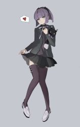 Rule 34 | 1girl, absurdres, black skirt, black thighhighs, carcano m91/38 (girls&#039; frontline), closed mouth, clothes lift, full body, girls&#039; frontline, grey eyes, grey jacket, heart, heart print, highres, jacket, katyopunch, looking at viewer, medium hair, hugging object, open clothes, open jacket, purple hair, purple shirt, shirt, shoes, simple background, skirt, skirt lift, solo, standing, thighhighs, toy, white footwear