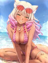 Rule 34 | 1girl, animal ears, animal print, bare shoulders, beach, belly chain, bikini, blonde hair, blue sky, blush, bracelet, breasts, cleavage, collarbone, dark-skinned female, dark skin, eyewear on head, fate/grand order, fate (series), fox ears, fox girl, fox tail, gradient hair, grin, highres, jewelry, large breasts, leopard print, long hair, looking at viewer, multicolored hair, navel, necklace, particle sfs, pink bikini, pink hair, shore, sidelocks, sitting, sky, smile, solo, sunglasses, suzuka gozen (fate), suzuka gozen (swimsuit rider) (fate), suzuka gozen (swimsuit rider) (second ascension) (fate), swimsuit, tail, tan, thighlet, thighs, yellow eyes