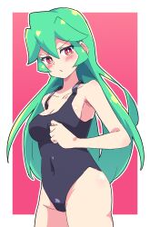 Rule 34 | 1girl, absurdres, black one-piece swimsuit, blush, breasts, buzzlyears, green hair, highres, large breasts, long hair, looking at viewer, mega man (series), mega man zx, one-piece swimsuit, pandora (mega man), red eyes, swimsuit, tagme
