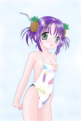 Rule 34 | 1girl, arms behind back, black eyes, breasts, casual one-piece swimsuit, cleavage, cowboy shot, drinking straw, food, food-themed hair ornament, fruit, hair ornament, interlocked fingers, one-piece swimsuit, original, own hands clasped, own hands together, pineapple, print swimsuit, purple hair, short hair, small breasts, smile, solo, swimsuit