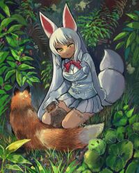 Rule 34 | 1girl, animal, animal ears, bow, bowtie, breast pocket, creature and personification, day, fang, fox, fox cub, fox ears, fox girl, fox tail, full body, fur-trimmed sleeves, fur trim, gloves, highres, igarashi (nogiheta), jacket, kemono friends, leg ribbon, long hair, long sleeves, looking at another, miniskirt, oinari-sama (kemono friends), outdoors, parted bangs, parted lips, petting, pocket, red bow, red bowtie, ribbon, sitting, skirt, smile, tail, tail ornament, tail ring, thigh ribbon, very long hair, white gloves, white hair, white jacket, white skirt, yellow eyes