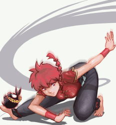 Rule 34 | 1girl, armband, barefoot, blue eyes, braid, braided ponytail, chinese clothes, feet, fighting stance, gender request, genderswap, hibiki ryouga, lyk, martial arts, p-chan, pants, ponytail, ranma-chan, ranma 1/2, red hair, saotome ranma, simple background, tangzhuang, toes