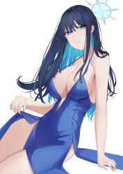 Rule 34 | 1girl, alternate costume, arm support, bare shoulders, blue archive, blue dress, blue eyes, blue hair, breasts, commentary, dress, halter dress, halterneck, highres, large breasts, long hair, looking at viewer, no headwear, parted lips, ref (pmxt4483), saori (blue archive), sitting, sleeveless, sleeveless dress, solo, thighs, very long hair