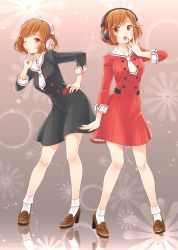 Rule 34 | 2girls, black dress, black hairband, brown eyes, brown footwear, brown hair, closed mouth, dress, finger to mouth, full body, hairband, hand on own hip, highres, index finger raised, kirita asami, lens flare, loafers, long sleeves, looking at viewer, meiko (vocaloid), multiple girls, nail polish, necktie, one eye closed, open mouth, red dress, red nails, sailor collar, sailor dress, sakine meiko, shoes, short dress, short hair, short necktie, socks, standing, swept bangs, vocaloid, white hairband, white legwear, white neckwear, white sailor collar