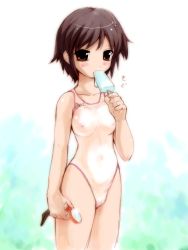 Rule 34 | 1girl, artist request, asics, blush, breasts, brown eyes, brown hair, cameltoe, character request, collarbone, competition swimsuit, copyright request, covered erect nipples, food, goggles, green background, holding, looking at viewer, nipples, one-piece swimsuit, popsicle, see-through, short hair, small breasts, solo, swimsuit, wet, white one-piece swimsuit