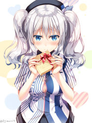 Rule 34 | 10s, 1girl, bad id, bad nicoseiga id, beret, blue eyes, blush, box, breasts, cleavage, employee uniform, gift, gift box, hat, highres, holding, holding gift, kantai collection, kashima (kancolle), lawson, long hair, looking at viewer, sidelocks, silver hair, smile, solo, sousouman, tsurime, twintails, uniform, valentine, wavy hair