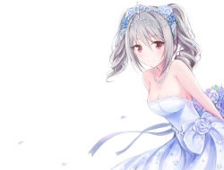 Rule 34 | arms behind back, blue flower, bouquet, breasts, cleavage, collarbone, diadem, dress, drill hair, flower, hair between eyes, hair flower, hair ornament, holding, holding bouquet, idolmaster, idolmaster cinderella girls, jewelry, kanzaki ranko, leaning forward, long hair, looking at viewer, medium breasts, nannacy7, necklace, red eyes, ribbon, silver hair, sleeveless, sleeveless dress, smile, strapless, strapless dress, twin drills, wedding dress, white background, white dress, white flower, white ribbon
