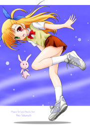 Rule 34 | 10s, 1girl, ass, bent over, bow, bowtie, flipper, from behind, full body, legs, long hair, looking at viewer, lyrical nanoha, mahou shoujo lyrical nanoha, mahou shoujo lyrical nanoha vivid, miniskirt, red bow, red bowtie, red skirt, school uniform, shoes, short sleeves, skirt, sneakers, solo, vivio