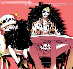 2boys aged_down blush cigarette commentary_request donquixote_rocinante feather_cape hat heart heart_print male_focus multiple_boys one_piece open_mouth pink_background simple_background sitting smile sparkle sunglasses table tanaka_(tanakya123) trafalgar_law