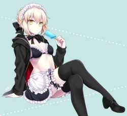 Rule 34 | 1girl, apron, arm support, artoria pendragon (alter swimsuit rider) (fate), artoria pendragon (alter swimsuit rider) (second ascension) (fate), artoria pendragon (fate), bikini, bikini top only, black bikini, black footwear, black jacket, black skirt, black thighhighs, blonde hair, braid, breasts, bridal garter, closed mouth, commentary request, crossed legs, fate/grand order, fate (series), fingernails, food, frilled apron, frilled bikini, frilled bikini top, frilled skirt, frills, hand up, high heels, holding, holding food, hood, hood down, hooded jacket, jacket, kubyou azami, long sleeves, looking at viewer, maid headdress, open clothes, open jacket, popsicle, shoes, sidelocks, sitting, skirt, sleeves past wrists, small breasts, solo, swimsuit, thighhighs, waist apron, white apron, yellow eyes