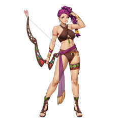 1girl bare_shoulders bikini bow_(weapon) braid breasts dark_skin earrings facial_mark fire_emblem fire_emblem:_three_houses fire_emblem_heroes full_body gladiator_sandals holding holding_bow_(weapon) holding_weapon jewelry large_breasts long_hair navel nintendo official_art petra_macneary ponytail purple_hair sandals simple_background solo swimsuit tan third-party_source weapon white_background