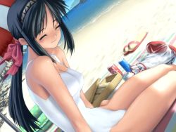 Rule 34 | 1girl, beach, beach umbrella, black hair, blanket, breasts, can, casual one-piece swimsuit, cleavage, closed eyes, coca-cola, day, dutch angle, game cg, hair ribbon, hairband, hunched over, innertube, kawata hisashi, kuwashima takako, medium breasts, ocean, one-piece swimsuit, outdoors, pocari sweat, ponytail, product placement, ribbon, sandals, sitting, smile, soda, solo, summer, swim ring, swimsuit, tasogare, umbrella, water, white one-piece swimsuit, yokozuwari