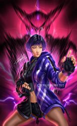 Rule 34 | 1996lixiaolong, 1girl, breasts, crop top, fighting stance, fingerless gloves, gloves, highres, jacket, long sleeves, medium breasts, mishima heihachi, open clothes, open jacket, purple eyes, purple hair, reina (tekken), short hair, short shorts, shorts, tekken, tekken 8