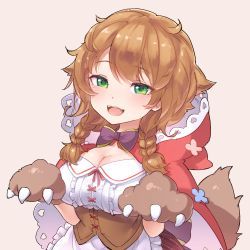 Rule 34 | 13o, 1girl, :d, animal ears, animal hands, animal hood, apron, bad id, bad pixiv id, braid, breasts, brown background, brown gloves, brown hair, cape, center frills, cleavage, fake animal ears, fangs, frilled apron, frills, gloves, green eyes, hair between eyes, hands up, highres, hood, hood down, hooded cape, large breasts, long hair, looking at viewer, nijisanji, open mouth, paw gloves, plaid, plaid skirt, pleated skirt, red cape, red skirt, shirt, simple background, skirt, smile, solo, tail, twin braids, underbust, virtual youtuber, waist apron, warabeda meijii, warabeda meijii (1st costume), white apron, white shirt, wolf tail
