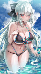 Rule 34 | 1girl, absurdres, aqua hair, bare arms, bare shoulders, bikini, black bikini, blue eyes, blush, breasts, cleavage, collarbone, commentary request, crossed bangs, dripping, fate/grand order, fate (series), hair ornament, hand on own chest, highres, large breasts, long hair, looking at viewer, morgan le fay (fate), nano (syoutamho), navel, ocean, outdoors, parted lips, partially submerged, sideboob, skindentation, smile, solo, stomach, swimsuit, thighs, underboob, water