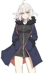 Rule 34 | 1girl, ahoge, black dress, blue coat, blush, closed mouth, coat, collarbone, dress, fate/apocrypha, fate/grand order, fate (series), fur-trimmed coat, fur-trimmed sleeves, fur trim, hair between eyes, hands in pockets, jeanne d&#039;arc (fate), jeanne d&#039;arc alter (fate), jeanne d&#039;arc alter (ver. shinjuku 1999) (fate), jewelry, looking at viewer, michihasu, official alternate costume, open clothes, open coat, pendant, short dress, silver hair, simple background, smile, solo, white background, wicked dragon witch ver. shinjuku 1999, yellow eyes