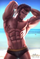 Rule 34 | abs, absurdres, armpit peek, bara, beach, beard, biceps, blue eyes, brown hair, crestren, day, facial hair, fate/grand order, fate (series), highres, long sideburns, looking at viewer, male focus, muscular, napoleon bonaparte (fate), nipples, outdoors, paid reward available, pectorals, sideburns, simple background, smile, solo, standing, swimsuit, toned, toned male