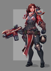 Rule 34 | 1girl, adepta sororitas, armor, armored boots, belt, blue eyes, bolter, boots, brown hair, closed mouth, explosive, facial tattoo, fleur-de-lis, full body, gauntlets, grenade, grey background, gun, helmet, holding, holding gun, holding weapon, imperium of man, lips, pan2 (conceptgerbil), pauldrons, pelvic curtain, scar, scar on face, short hair, shoulder armor, skull ornament, solo, standing, tattoo, two-tone background, warhammer 40k, weapon