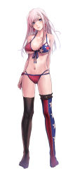 Rule 34 | 1girl, absurdres, applekun, asymmetrical bikini, asymmetrical legwear, bikini, black legwear, blue eyes, blue ribbon, blush, breasts, cleavage, closed mouth, collarbone, earrings, fate/grand order, fate (series), front-tie bikini top, front-tie top, full body, hair between eyes, hair down, head tilt, highres, jewelry, large breasts, long hair, looking at viewer, miyamoto musashi (fate), miyamoto musashi (fate/grand order), miyamoto musashi (swimsuit berserker) (fate), miyamoto musashi (swimsuit berserker) (second ascension) (fate), multi-strapped bikini, navel, print bikini, print legwear, red bikini, ribbon, silver hair, simple background, solo, standing, star (symbol), star print, striped bikini, striped clothes, swimsuit, underboob, vertical-striped bikini, vertical-striped clothes, white background