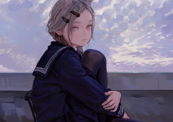 Rule 34 | 1girl, animal ears, artist name, braid, cat ears, chair, closed mouth, feiqizi (fkey), fkey, from side, frown, grey hair, hair ornament, hairclip, hand on own arm, holding own arm, hugging own legs, knee up, long sleeves, looking at viewer, original, pantyhose, school uniform, serafuku, sitting, skirt, skirt set, sky, solo, twin braids, twintails
