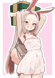 Rule 34 | 1girl, absurdres, animal ears, armpits, arms up, blush, box, breasts, commentary, covered navel, dress, elzlo, flower, forehead, gift, gift box, grey hair, grin, hair flower, hair ornament, highres, holding, holding gift, long hair, looking at viewer, nose blush, original, rabbit ears, rabbit girl, rabbit tail, red eyes, red flower, simple background, small breasts, smile, solo, symbol-only commentary, tail, two-tone background, very long hair, white dress