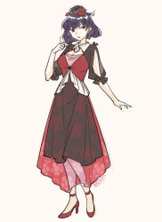 1girl adapted_costume black_dress collared_dress dated dress duplicate full_body hair_ornament high_heels highres leaf_hair_ornament mirror open_mouth purple_hair red_dress red_eyes red_footwear shikido_(khf) short_hair signature solo touhou yasaka_kanako