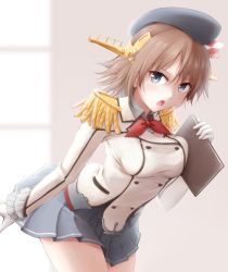 Rule 34 | 1girl, blue eyes, breasts, brown hair, cosplay, epaulettes, gloves, grey skirt, headgear, hiei (kancolle), highres, holding, kantai collection, kashima (kancolle), kashima (kancolle) (cosplay), large breasts, long sleeves, meihemu, open mouth, pleated skirt, red neckwear, short hair, simple background, skirt, solo, uniform, white gloves