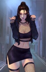Rule 34 | 1girl, artist name, black bra, black jacket, black skirt, bra, breasts, brown eyes, brown hair, cleavage, commission, contrapposto, cowboy shot, fishnet thighhighs, fishnet top, fishnets, hair between eyes, hands up, jacket, large breasts, long hair, looking at viewer, midriff, navel, open clothes, open jacket, original, outdoors, pencil skirt, ponytail, scar, scar on neck, scar on stomach, skirt, sleepingsol, solo, standing, stomach, thighhighs, underwear