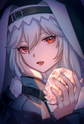 Rule 34 | 1girl, arknights, female focus, grey hair, habit, haiwu shenlou, hand on own cheek, hand on own face, highres, holding, holding lamp, lamp, lips, lipstick, long hair, long sleeves, looking at viewer, makeup, nun, parted lips, red eyes, solo, specter (arknights), upper body