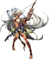Rule 34 | 1girl, alustriel (langrisser), boots, bow, bow (weapon), breasts, center opening, dark-skinned female, dark skin, full body, hair over one eye, high heels, highres, holding, holding bow (weapon), holding weapon, langrisser, long hair, navel, official art, pointy ears, quiver, silver hair, simple background, solo, standing, thigh boots, thighhighs, very long hair, weapon, white background