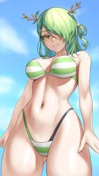 Rule 34 | 1girl, absurdres, bikini, braid, braided bangs, branch, breasts, ceres fauna, cleavage, eyeshadow, flower, gluteal fold, gradient hair, green bikini, green eyeshadow, green hair, hair flower, hair ornament, hair over one eye, highleg, highleg bikini, highres, hololive, hololive english, long hair, looking at viewer, looking down, makeup, medium breasts, mole, mole under eye, multicolored hair, navel, one eye covered, one side up, single braid, skylock, smile, solo, stomach, swimsuit, thighs, virtual youtuber, yellow eyes