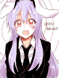Rule 34 | 1girl, 6 (yuchae), :d, @ @, alternate costume, animal ears, rabbit ears, business suit, double-breasted, formal, hypnosis, korean text, long hair, mind control, necktie, open mouth, purple hair, red eyes, reisen udongein inaba, smile, solo, spiral, suit, touhou, translated