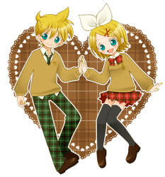 Rule 34 | 1boy, 1girl, :d, bass clef, black thighhighs, blonde hair, blue eyes, blush, bow, bowtie, brother and sister, full body, green necktie, happy, heart, hiyo (hiyococco), holding hands, kagamine len, kagamine rin, loafers, looking at viewer, neck ribbon, necktie, open mouth, pants, plaid, plaid bow, plaid bowtie, plaid necktie, plaid neckwear, plaid pants, plaid skirt, red bow, red bowtie, ribbon, shoes, siblings, skirt, smile, thighhighs, treble clef, twins, unmoving pattern, vocaloid, zettai ryouiki