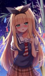 Rule 34 | 1girl, bamboo, baram, black hairband, black ribbon, blonde hair, blunt bangs, blurry, blurry background, blush, brown skirt, commentary request, depth of field, green eyes, hair ribbon, twirling hair, hairband, hand up, highres, long hair, looking at viewer, mononobe alice, mononobe alice (3rd costume), night, night sky, nijisanji, open mouth, outdoors, plaid, plaid skirt, pleated skirt, ribbon, school uniform, shirt, short sleeves, skirt, sky, solo, star (sky), starry sky, sweater vest, tanabata, tanzaku, very long hair, virtual youtuber, white shirt