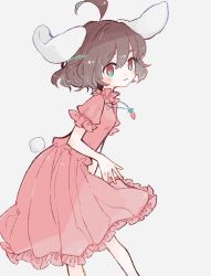 Rule 34 | 1girl, :3, ahoge, animal ears, black hair, blue eyes, bright pupils, carrot necklace, closed mouth, gradient eyes, grey background, highres, inaba tewi, jewelry, looking at viewer, m (m073111), multicolored eyes, necklace, pink shirt, pink skirt, rabbit ears, rabbit tail, red eyes, shirt, short hair, simple background, skirt, solo, standing, tail, touhou, white pupils